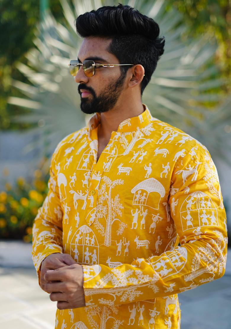 Yellow Lucknowi Print Silk Kurta Set For Men