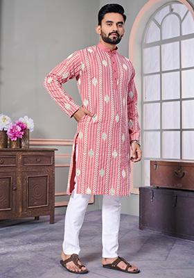 Baby Pink Embroidered Linen Kurta Set For Men