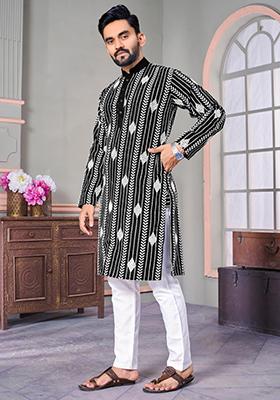 Black Embroidered Linen Kurta Set For Men