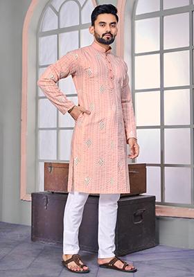 Light Peach Embroidered Linen Kurta Set For Men
