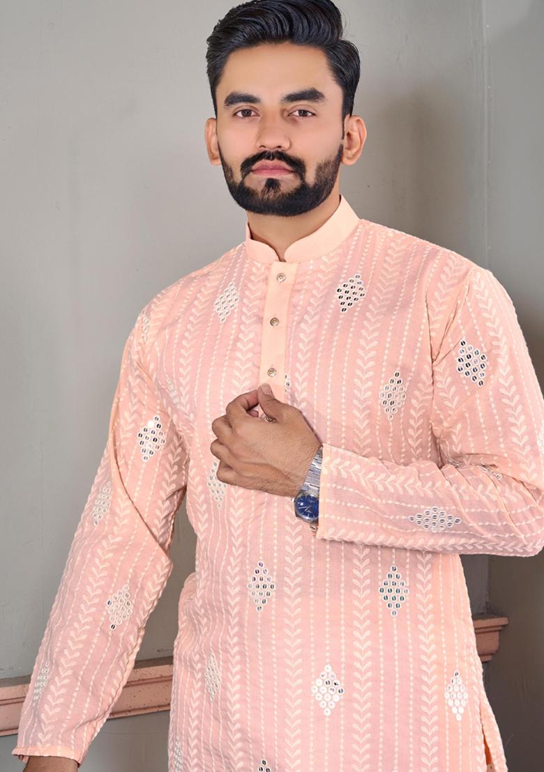 Light Peach Embroidered Linen Kurta Set For Men