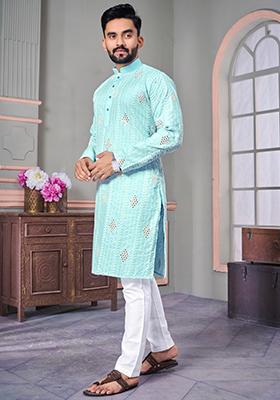 Sky Blue Embroidered Linen Kurta Set For Men