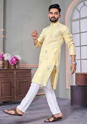 Yellow Embroidered Linen Kurta Set For Men