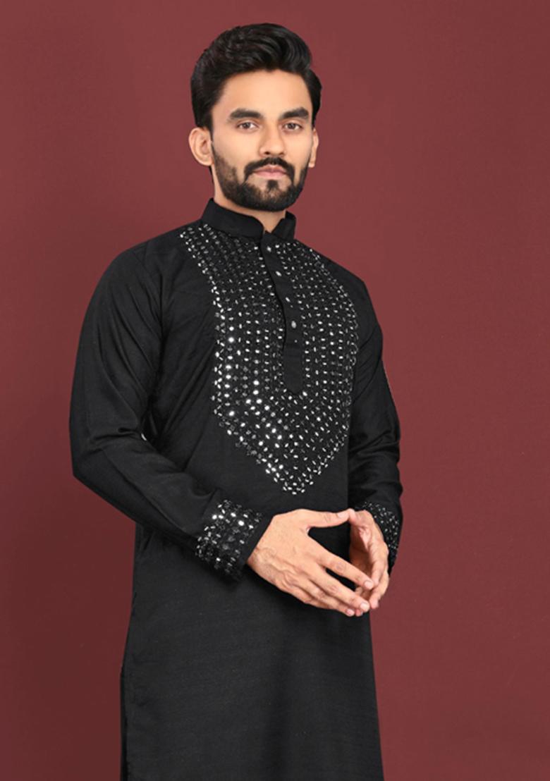 Black Mirror Work Silk Kurta Set For Men