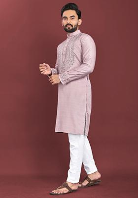 Onion Pink Mirror Work Silk Kurta Set For Men