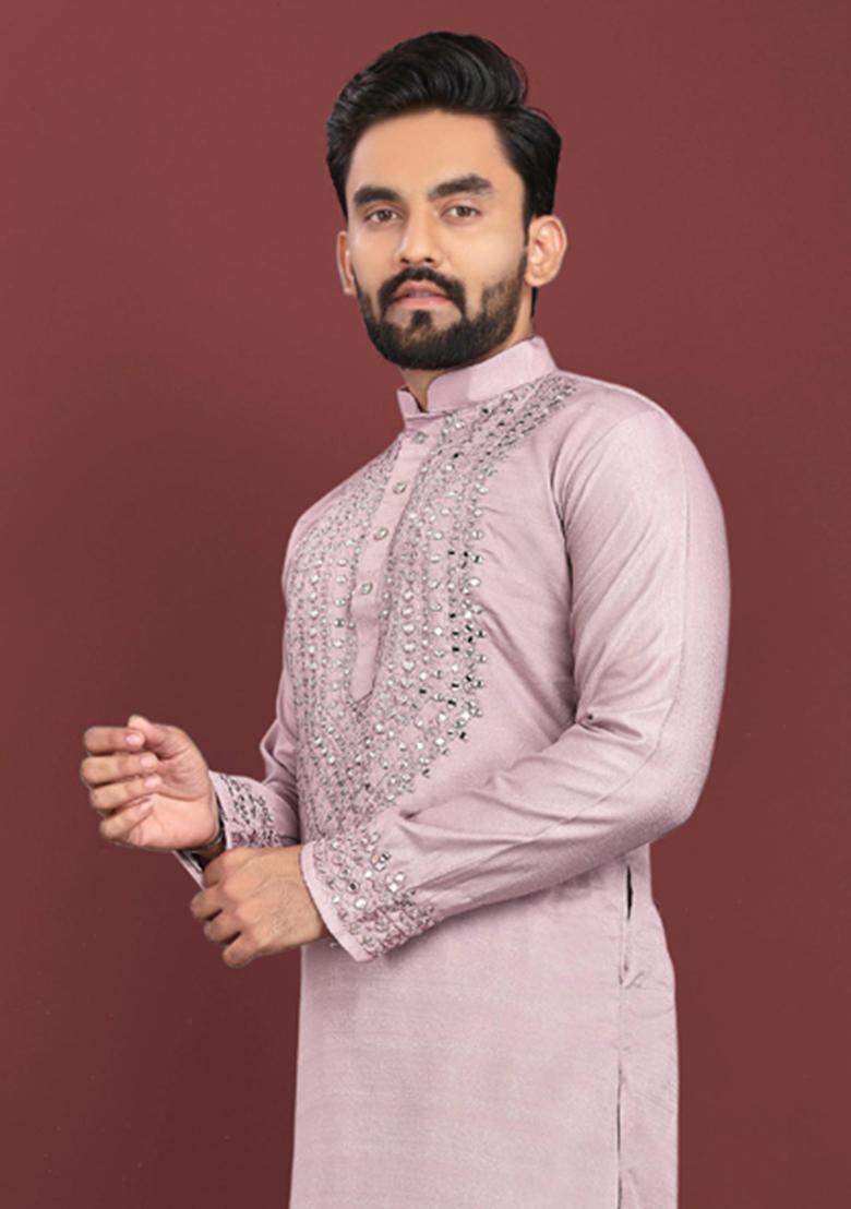 Onion Pink Mirror Work Silk Kurta Set For Men