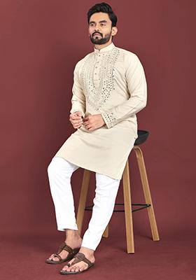 White Mirror Work Silk Kurta Set For Men