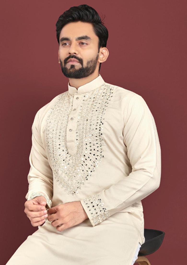 White Mirror Work Silk Kurta Set For Men