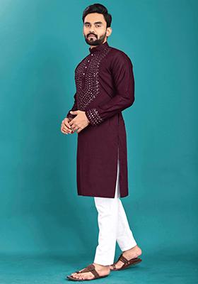Wine Mirror Work Silk Kurta Set For Men