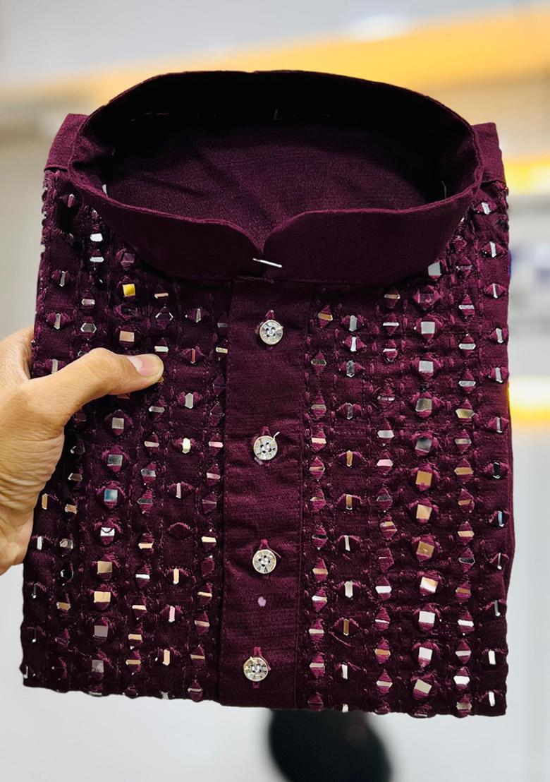 Wine Mirror Work Silk Kurta Set For Men