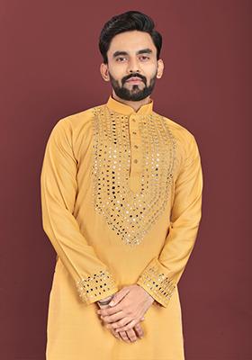Yellow Mirror Work Silk Kurta Set For Men