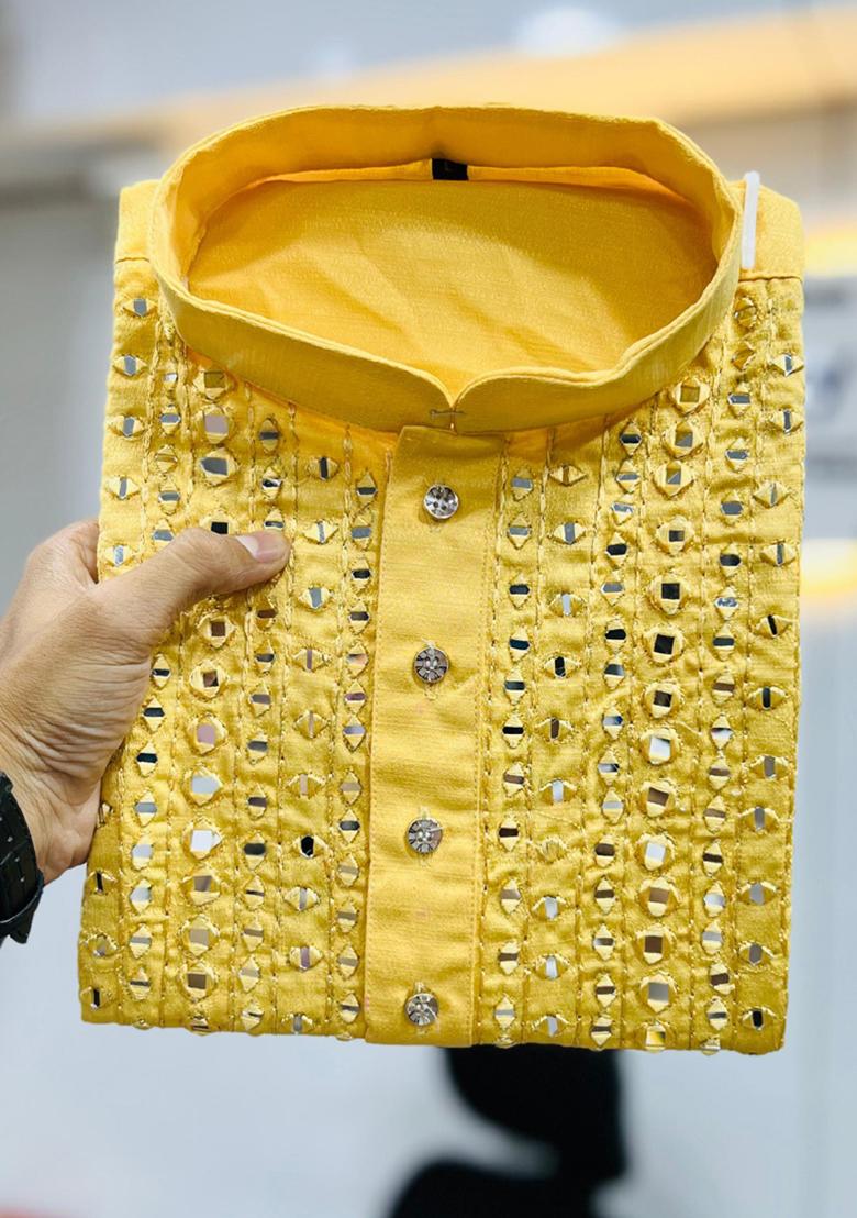 Yellow Mirror Work Silk Kurta Set For Men