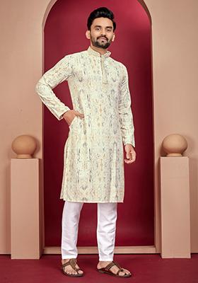 Off White Lucknowi Print Rayon Kurta Set For Men