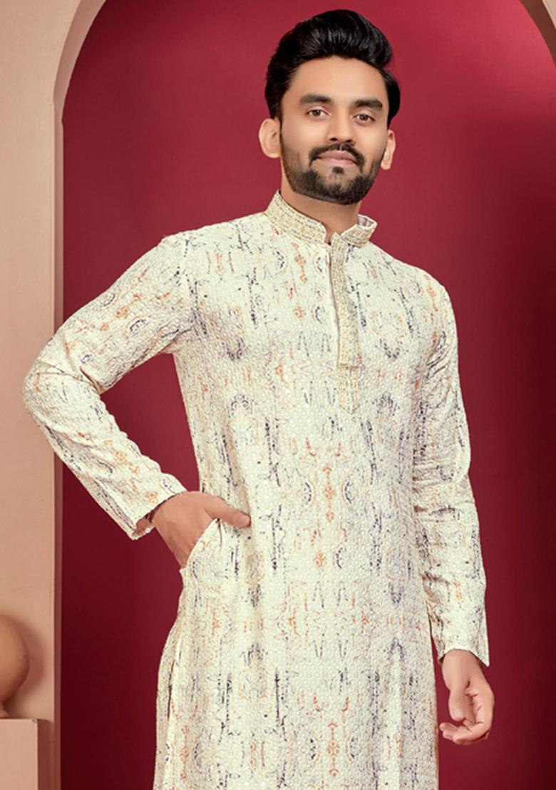 Off White Lucknowi Print Rayon Kurta Set For Men