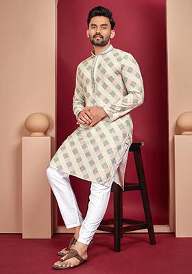 Off White Lucknowi Print Rayon Kurta Set For Men
