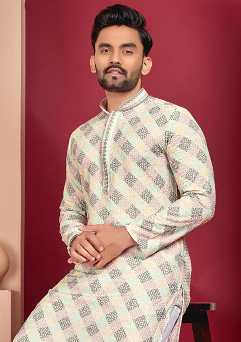 Off White Lucknowi Print Rayon Kurta Set For Men