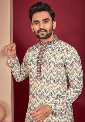 Off White Lucknowi Print Rayon Kurta Set For Men