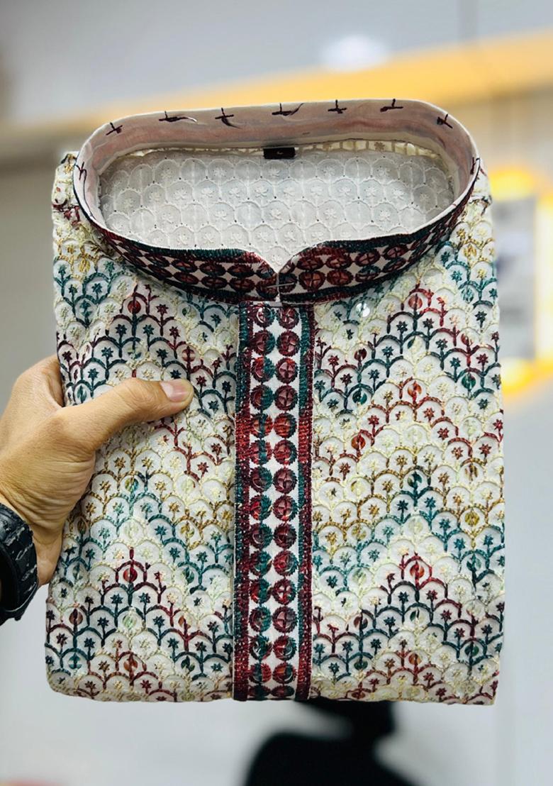 Off White Lucknowi Print Rayon Kurta Set For Men