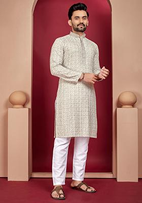 Off White Lucknowi Print Rayon Kurta Set For Men