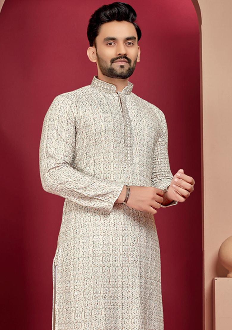 Off White Lucknowi Print Rayon Kurta Set For Men
