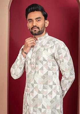 Off White Lucknowi Print Rayon Kurta Set For Men
