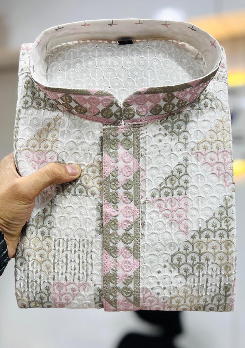 Off White Lucknowi Print Rayon Kurta Set For Men