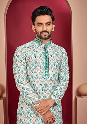 Off White Lucknowi Print Rayon Kurta Set For Men
