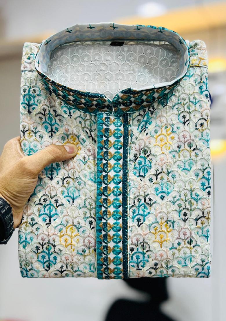 Off White Lucknowi Print Rayon Kurta Set For Men