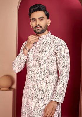 Off White Lucknowi Print Rayon Kurta Set For Men