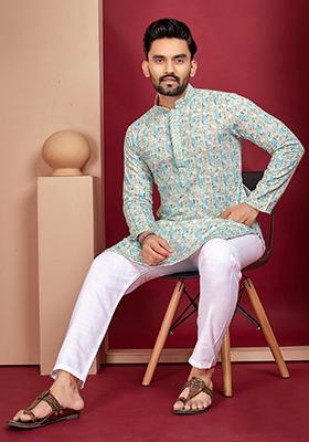 Off White Lucknowi Print Rayon Kurta Set For Men