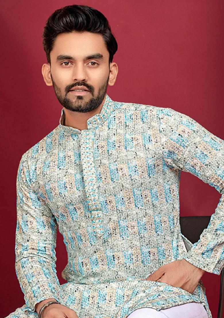 Off White Lucknowi Print Rayon Kurta Set For Men