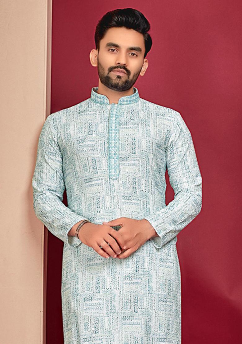 Off White Lucknowi Print Rayon Kurta Set For Men