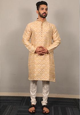 Beige Embroidered Silk Kurta Set For Men
