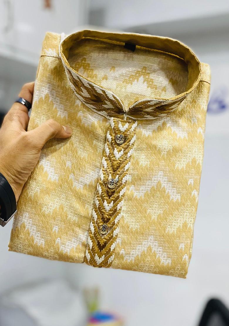 Beige Embroidered Silk Kurta Set For Men