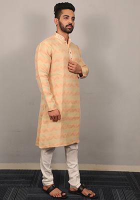 Lemon Yellow Embroidered Silk Kurta Set For Men