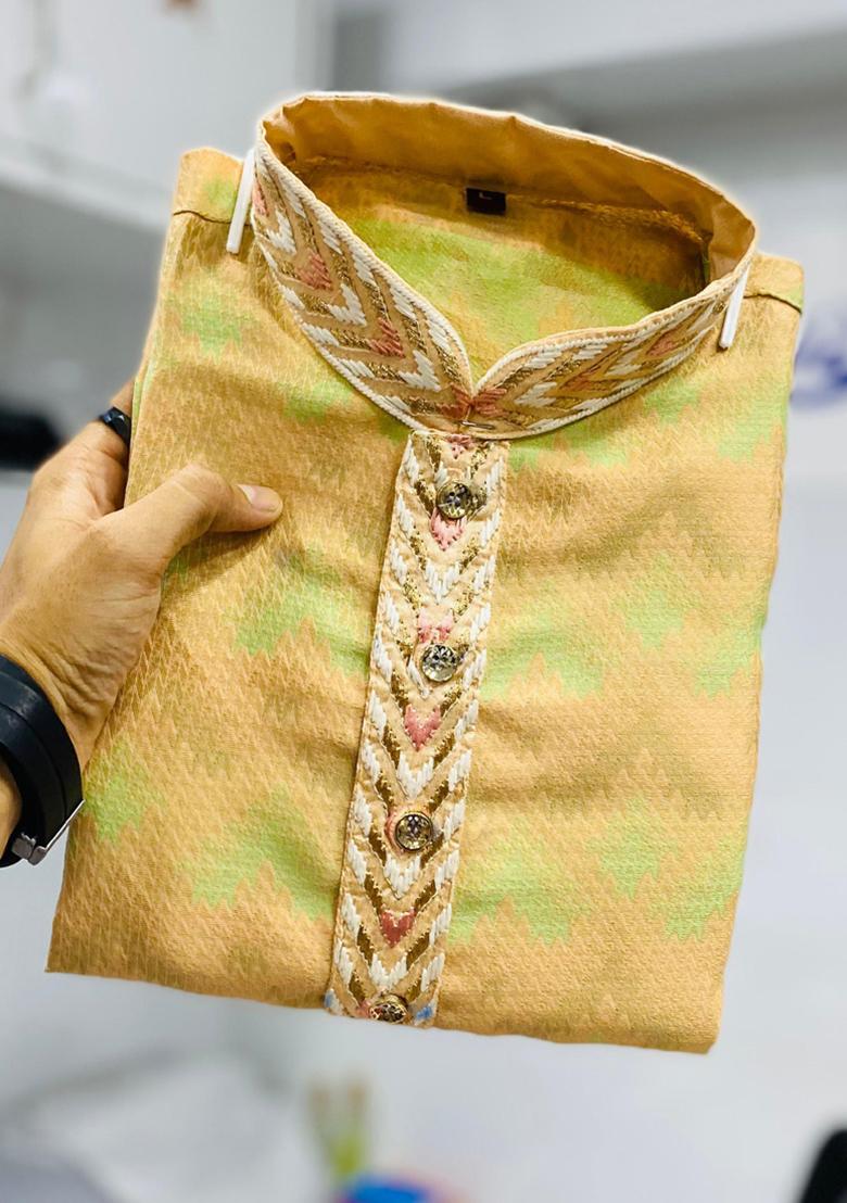 Lemon Yellow Embroidered Silk Kurta Set For Men