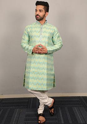 Light Green Embroidered Silk Kurta Set For Men