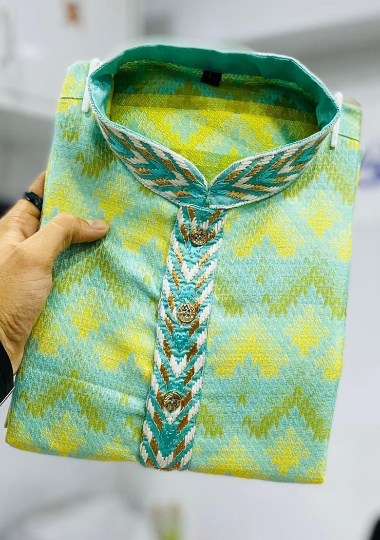 Light Green Embroidered Silk Kurta Set For Men