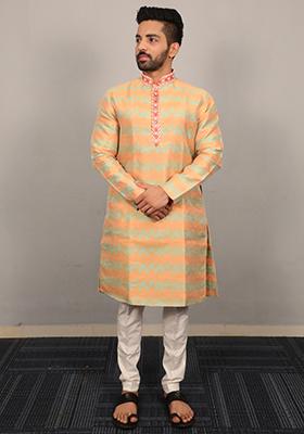 Yellow Embroidered Silk Kurta Set For Men