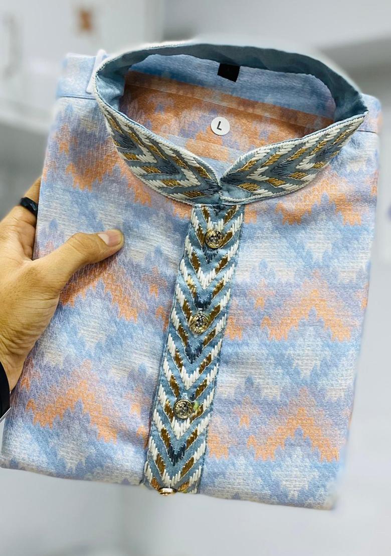 Sky Blue Embroidered Silk Kurta Set For Men
