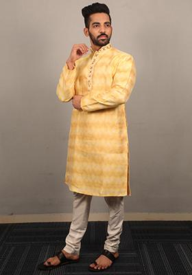 Yellow Embroidered Silk Kurta Set For Men