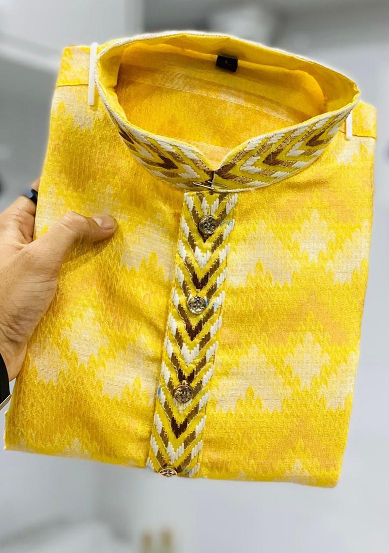 Yellow Embroidered Silk Kurta Set For Men