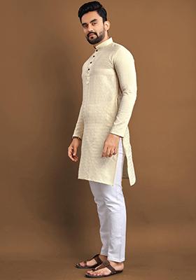 Cream Embroidered Jacquard Kurta Set For Men
