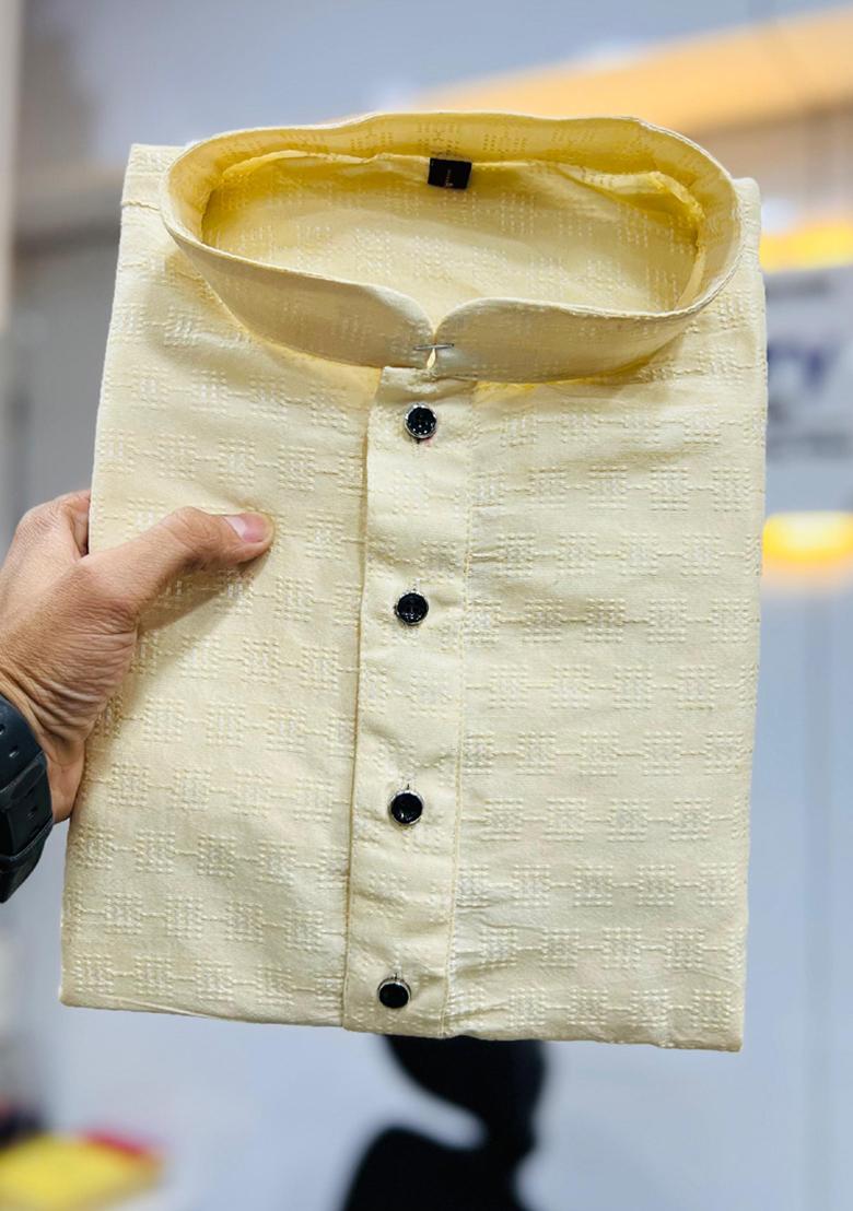 Cream Embroidered Jacquard Kurta Set For Men