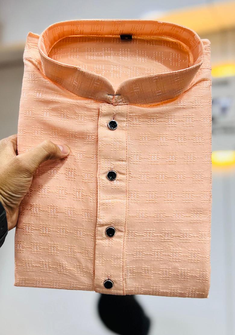 Light Peach Embroidered Jacquard Kurta Set For Men