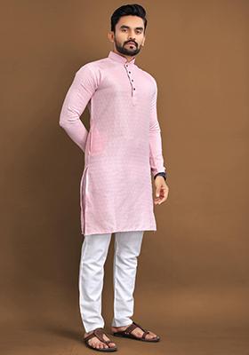 Light Pink Embroidered Jacquard Kurta Set For Men
