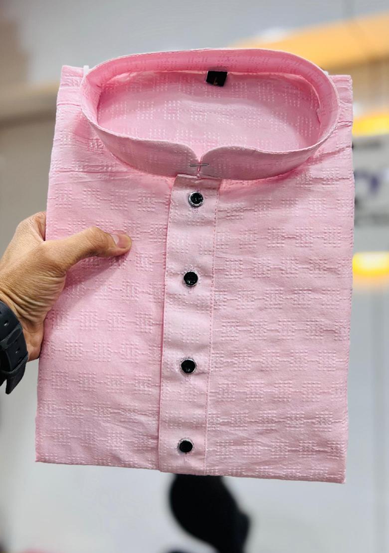 Light Pink Embroidered Jacquard Kurta Set For Men