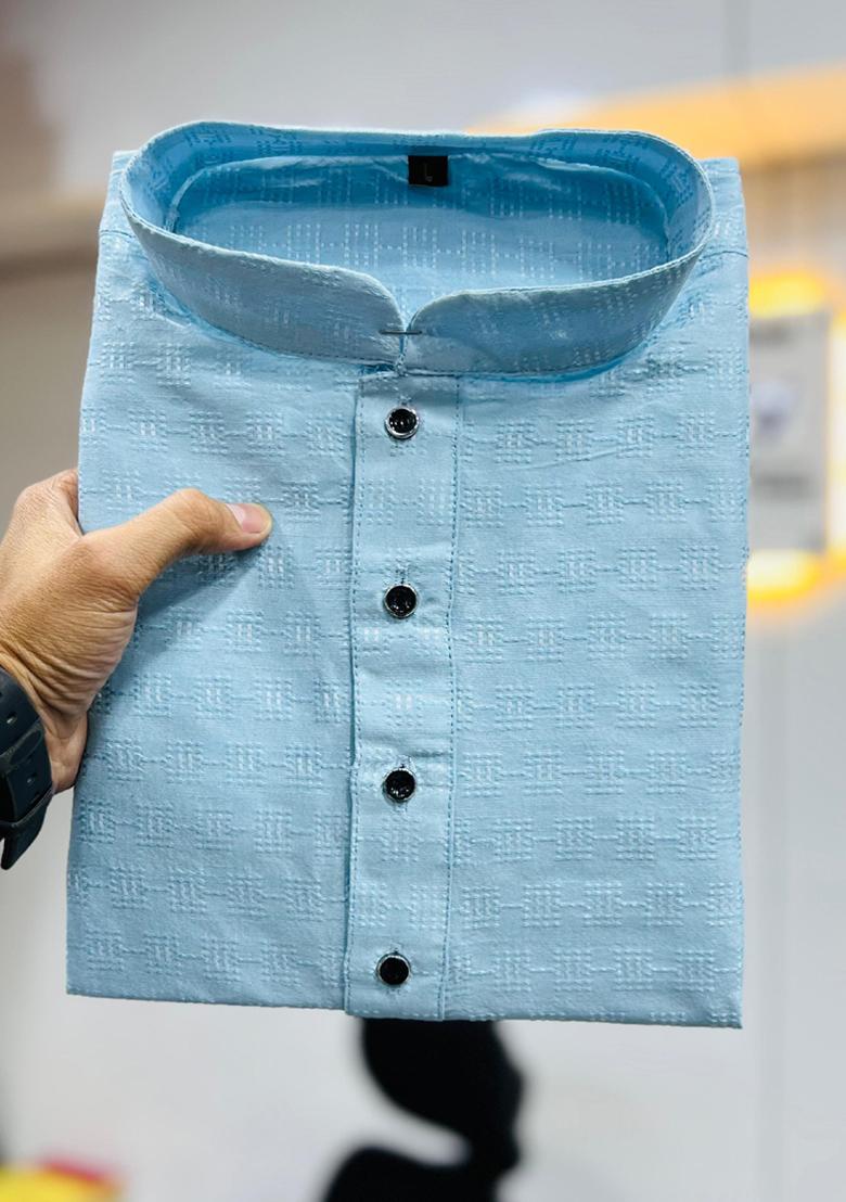 Sky Blue Embroidered Jacquard Kurta Set For Men