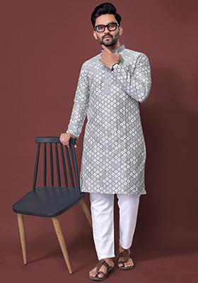 Light Grey Embroidered Silk Kurta Set For Men