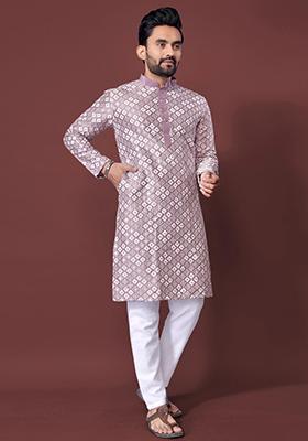 Onion Pink Embroidered Silk Kurta Set For Men